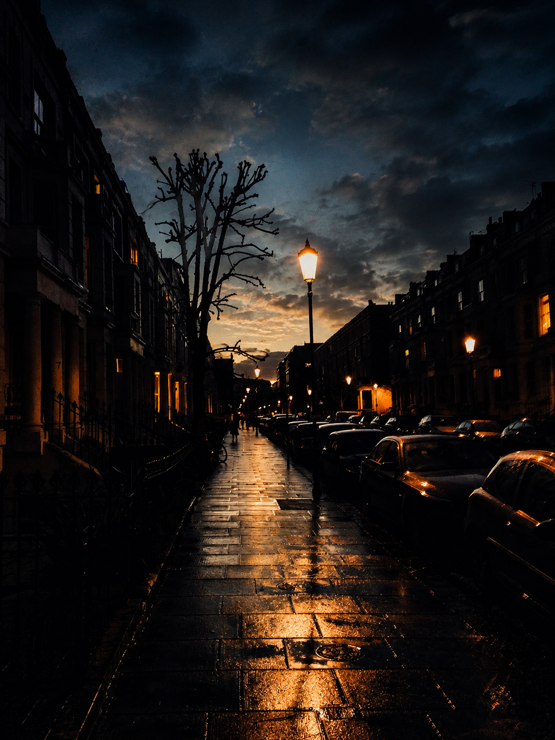 Longridge Road in London at dusk, with a wet pavement and glowing street lamps