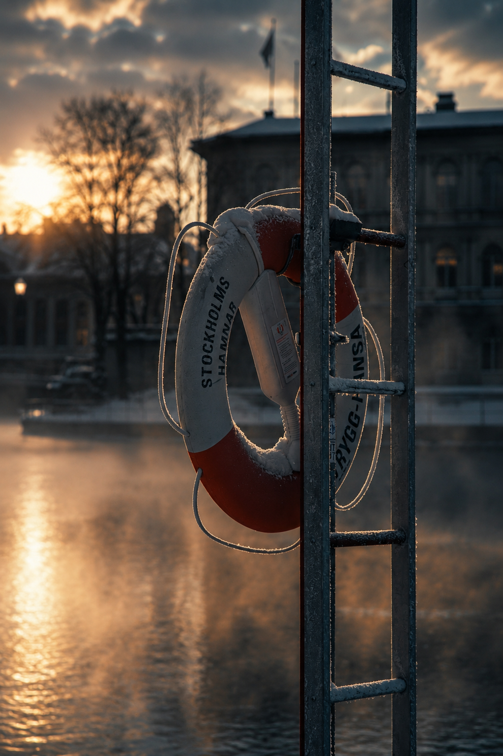A frost-covered lifebuoy beside the water in Stockholm, lit by golden morning light