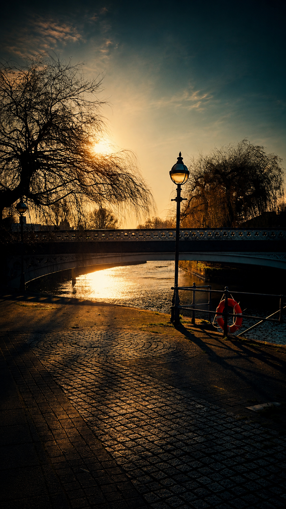 View of the River Wey in Guildford at sunset, with an iron bridge, a central lamp post, bare trees, golden reflections on the water and paving stones in shadow.